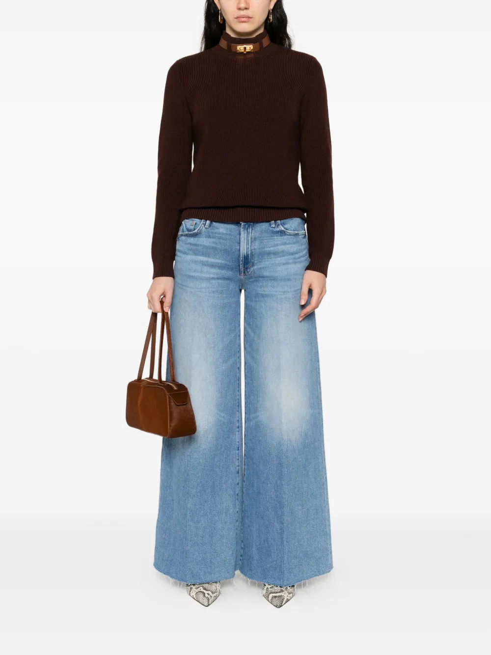 Elisabetta Franchi Trui met hoge hals en leren afwerking Bruin