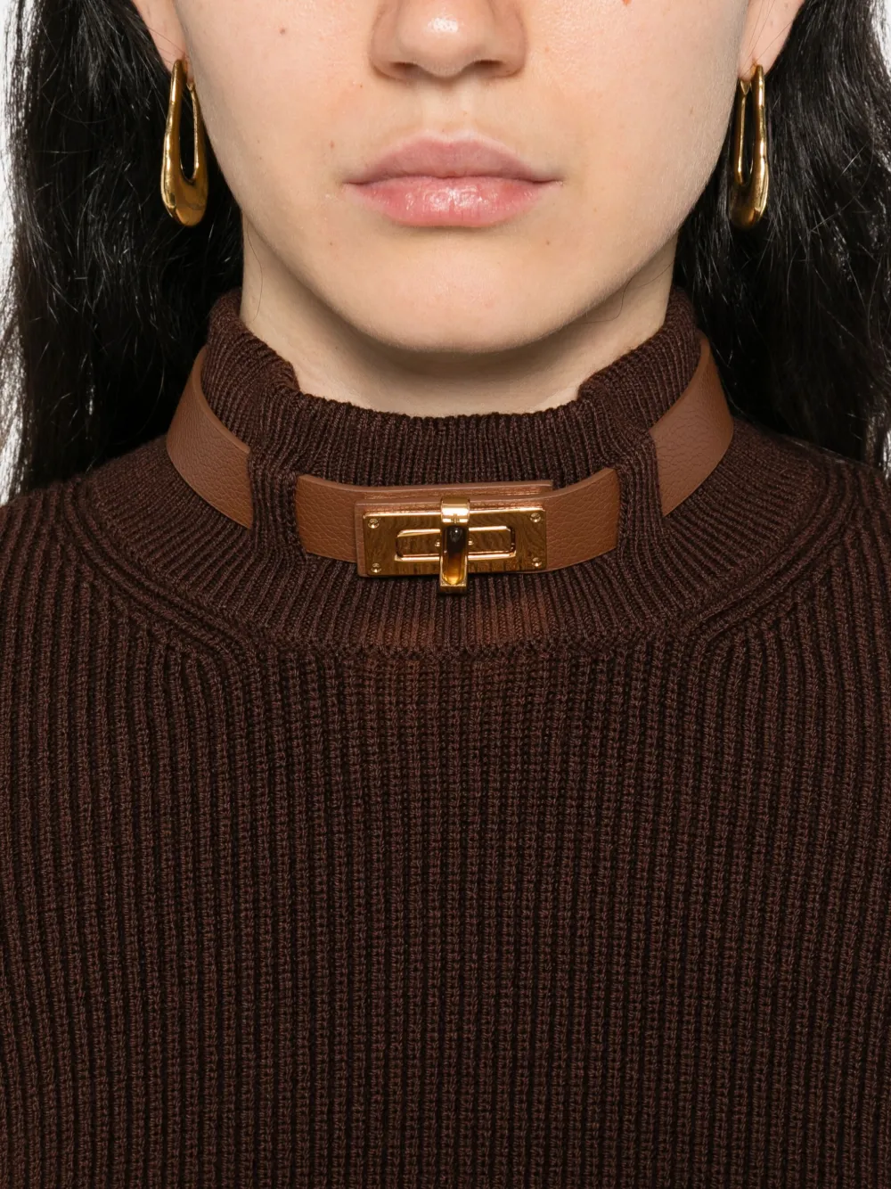 Elisabetta Franchi Trui met hoge hals en leren afwerking Bruin