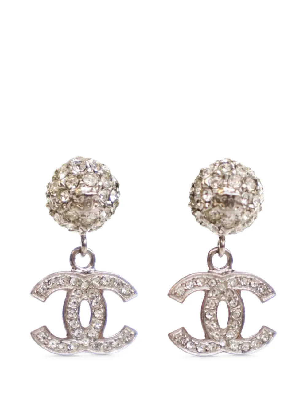 CHANEL Pre-Owned 2012 Silver Plated Crystal CC Drop Push Back Earrings CHANEL Pre-Owned 2012 Silver Plated Crystal CC Drop Push Back Earrings