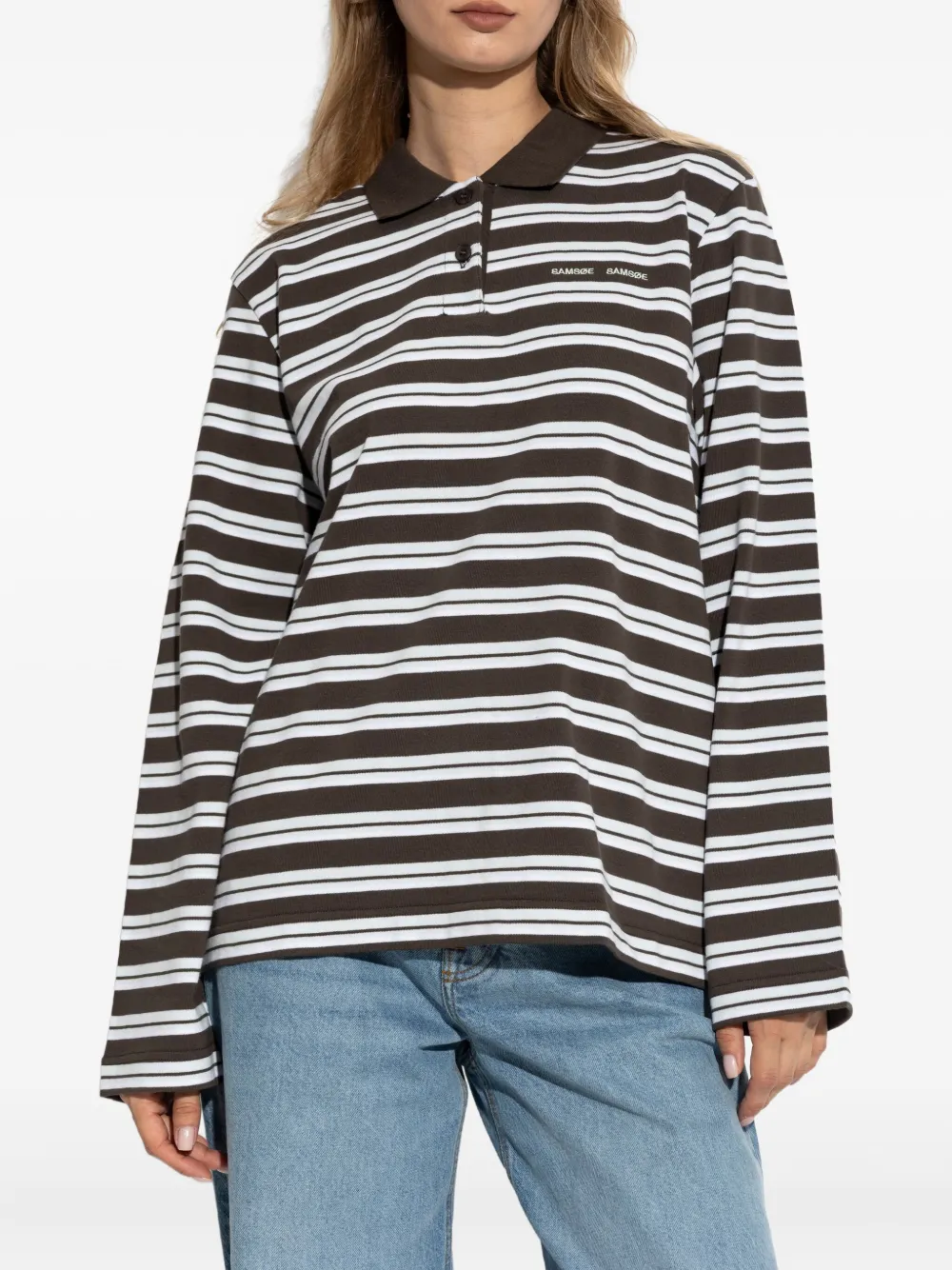 Samsoe & Samsoe Sandover Striped Long-sleeve Polo Shirt In Brown
