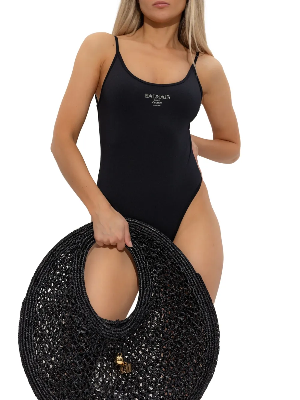 Balmain logo-print swimsuit Zwart