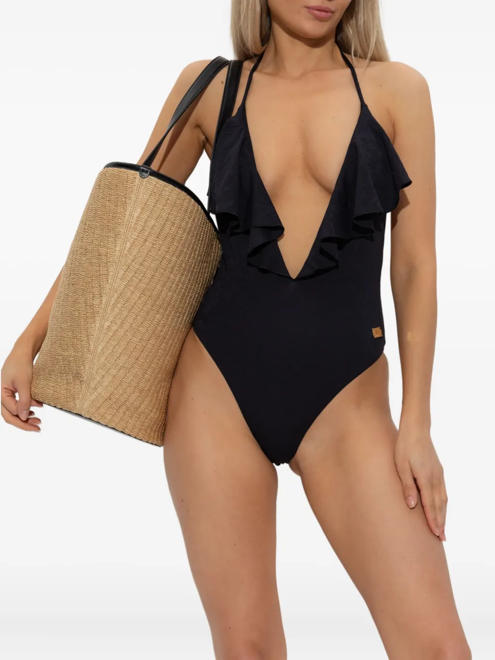 Balmain ruffled halterneck swimsuit Zwart