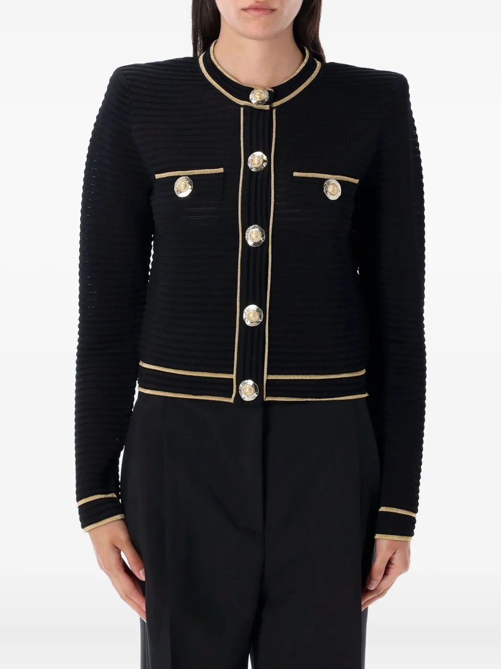 Balmain Ribbed Gold-trimmed Cardigan In Black