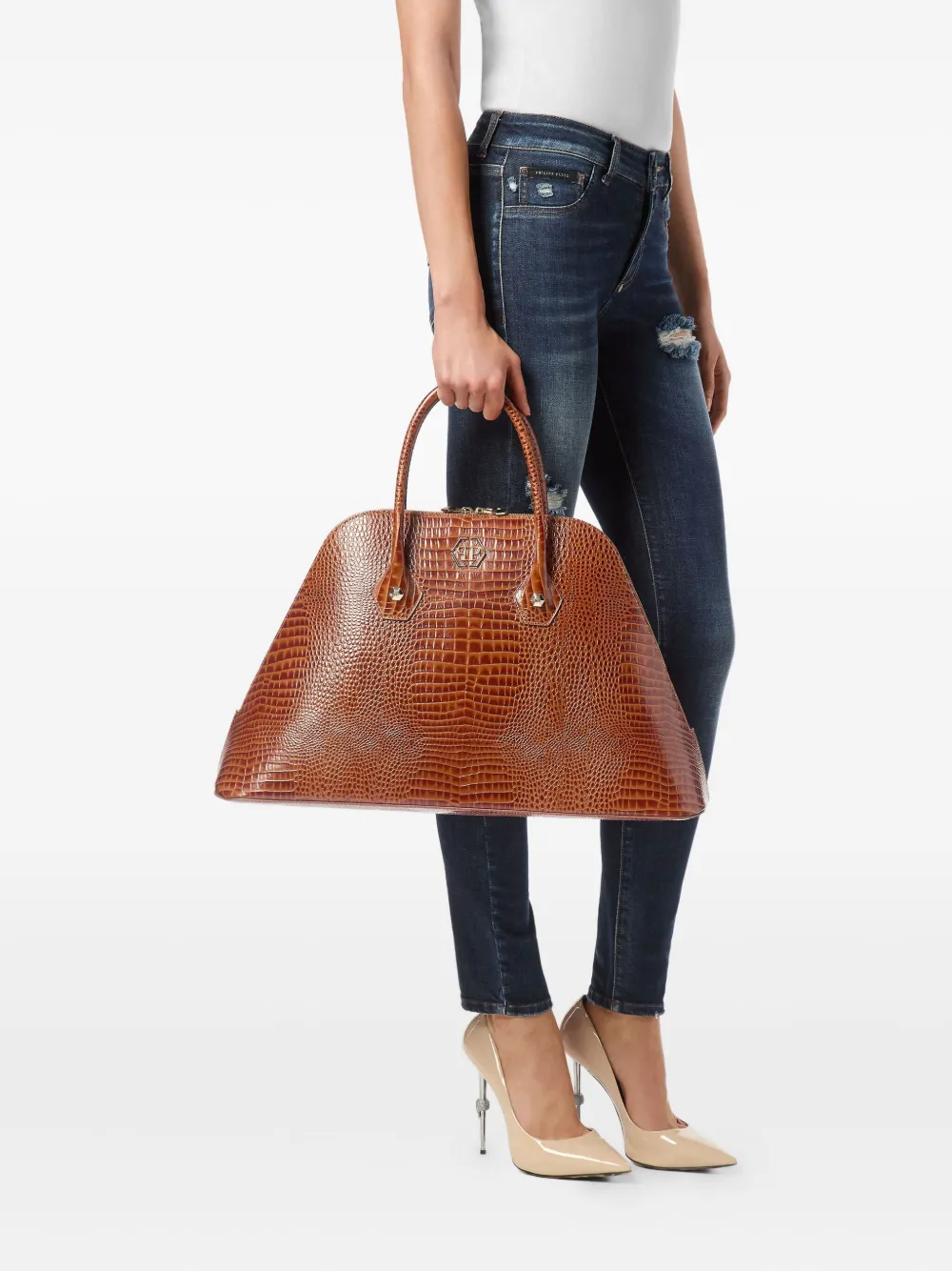 Philipp Plein Leren handtas met handgreep - Bruin