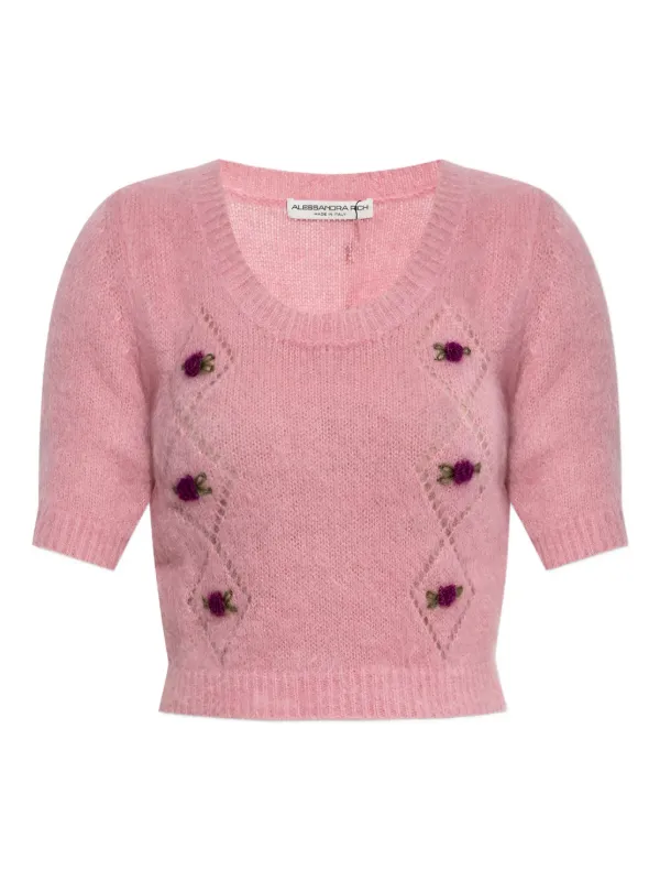 Alessandra Rich Rose-embellished Short-sleeved T-shirt in Pink