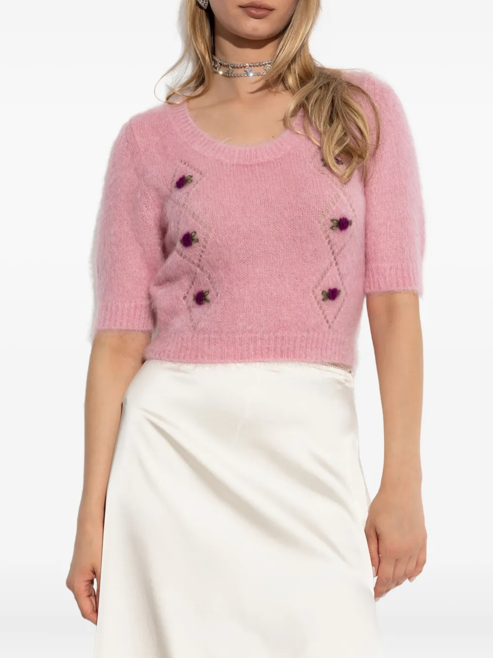 Alessandra Rich rose-embellished short-sleeved T-shirt Roze