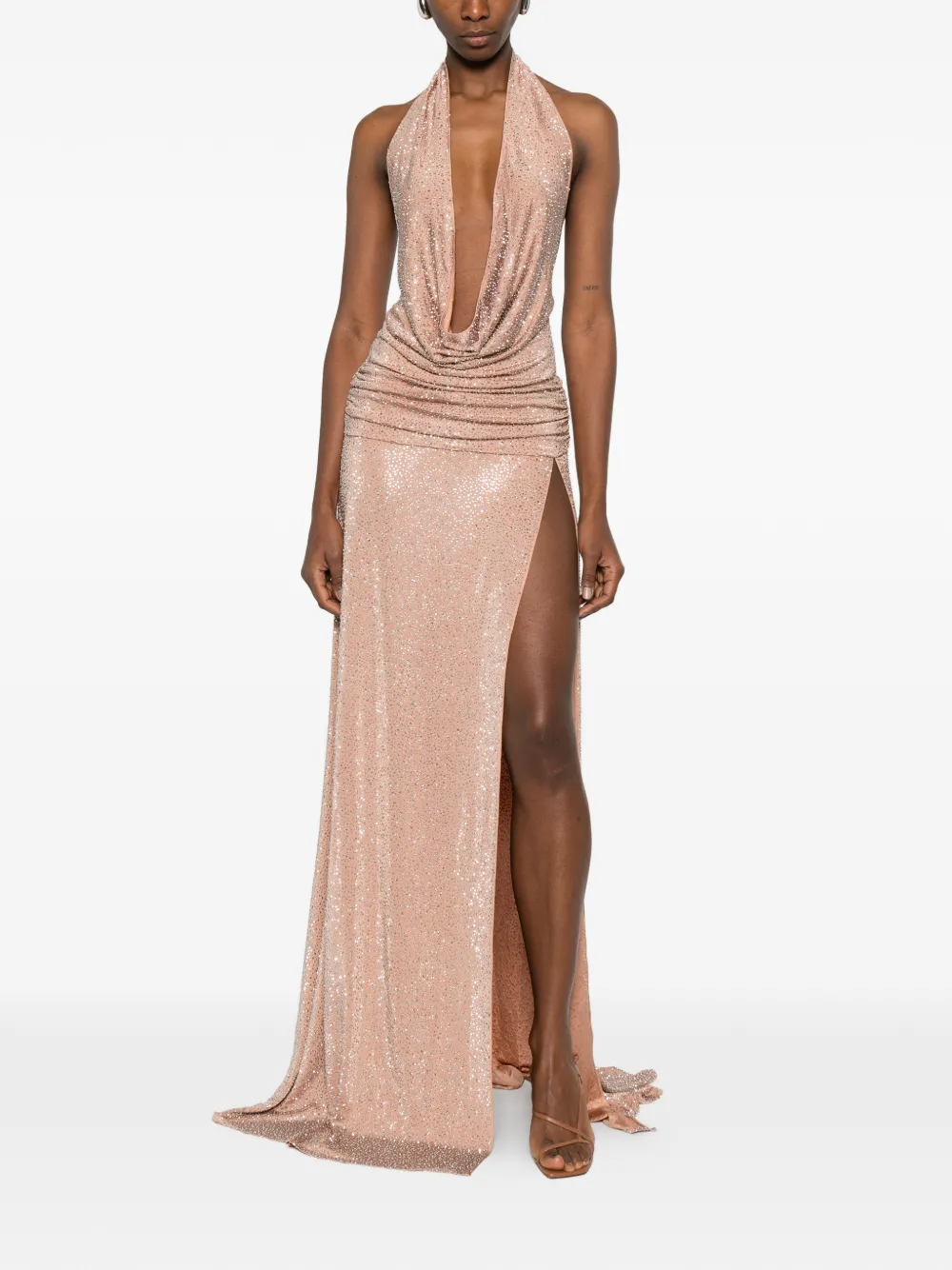 The New Arrivals Ilkyaz Ozel Tanit In Chaos Magicka halter-neck embellished maxi dress - Roze