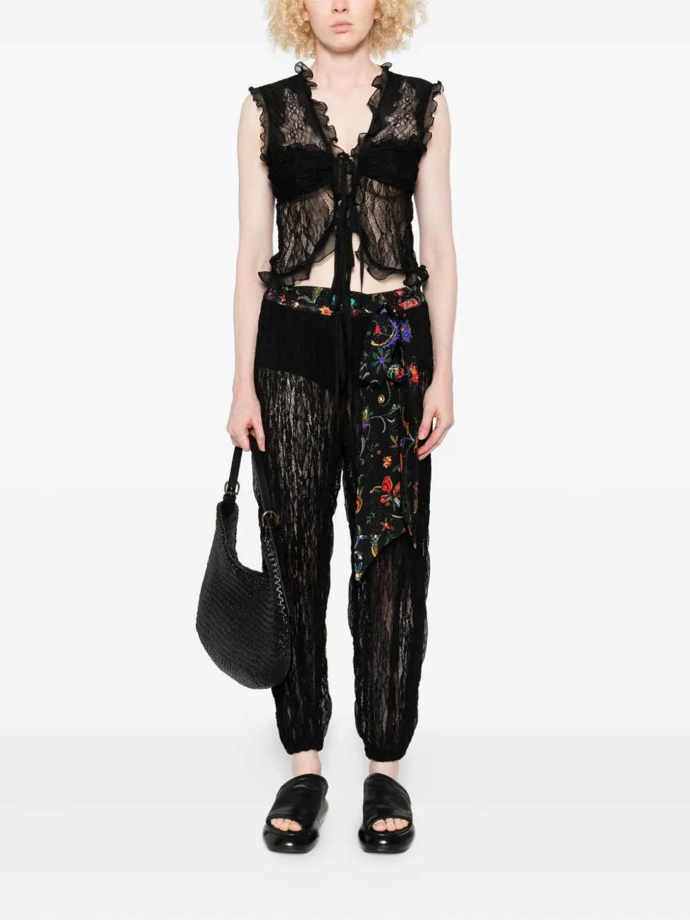SIEDRES floral-print lace trousers Zwart