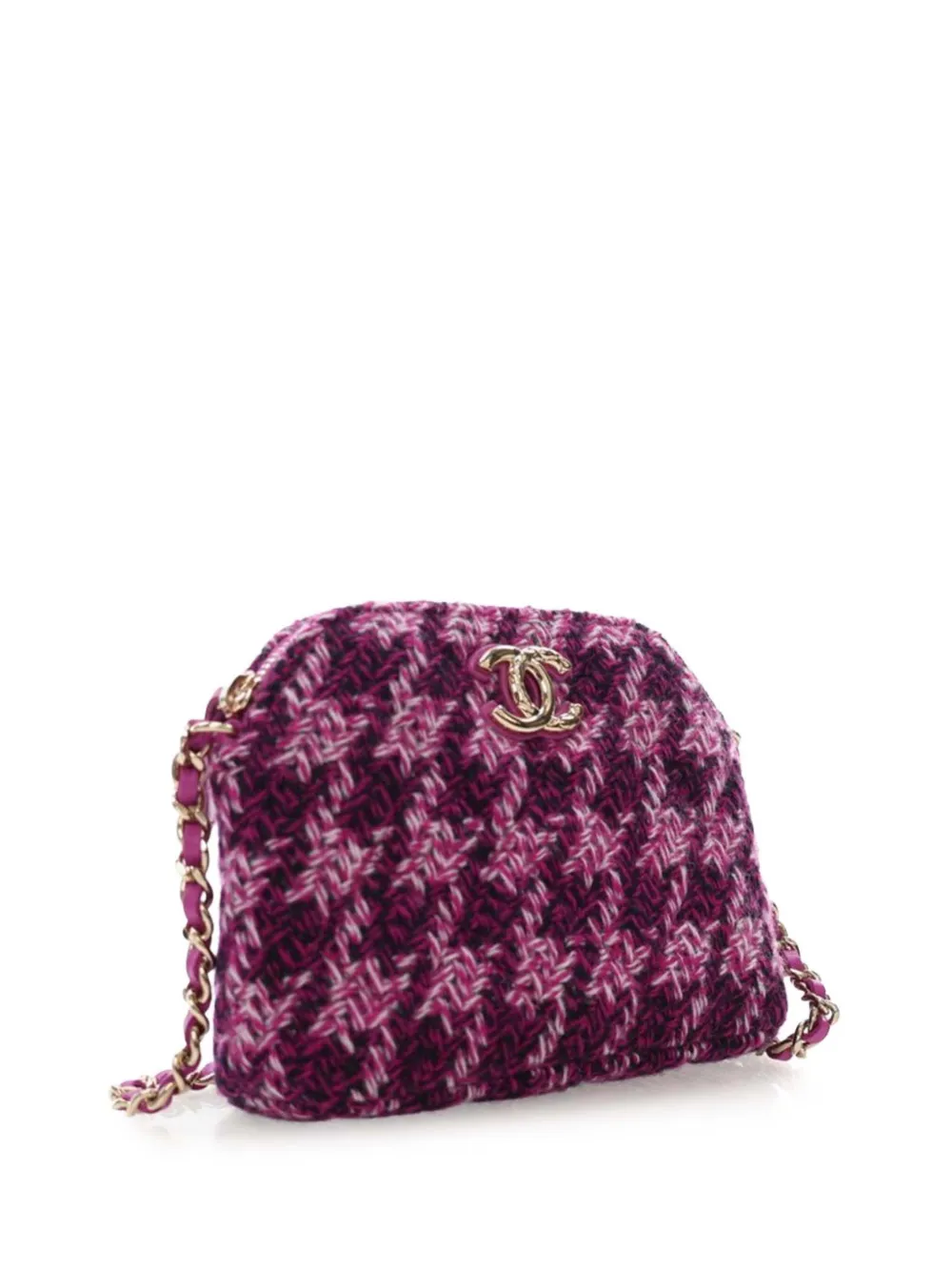 Pre-owned Chanel 2021-2025 Cc Tweed Houndstooth Clutch On Chain Crossbody Bag