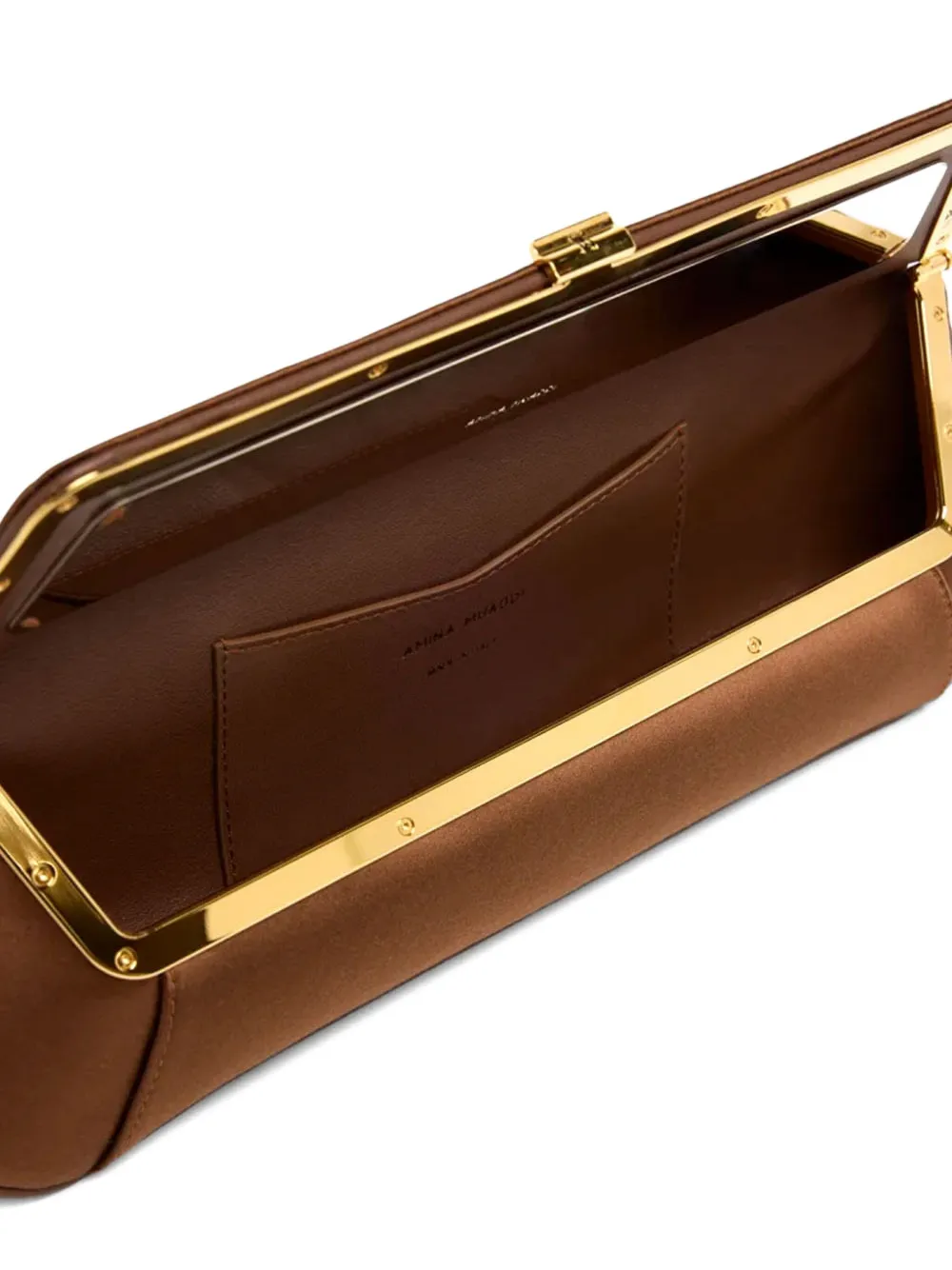 Amina Muaddi Satijnen clutch met gesp Bruin