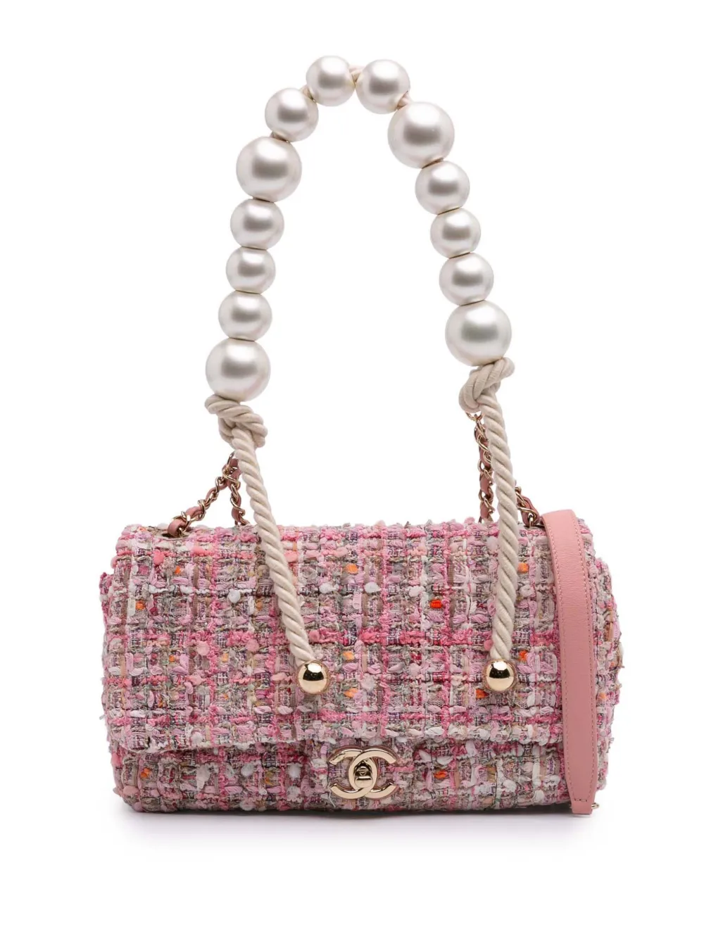 CHANEL Pre-Owned 2019 Mini Tweed Pearl Top Handle Flap satchel | Pink | Image 1