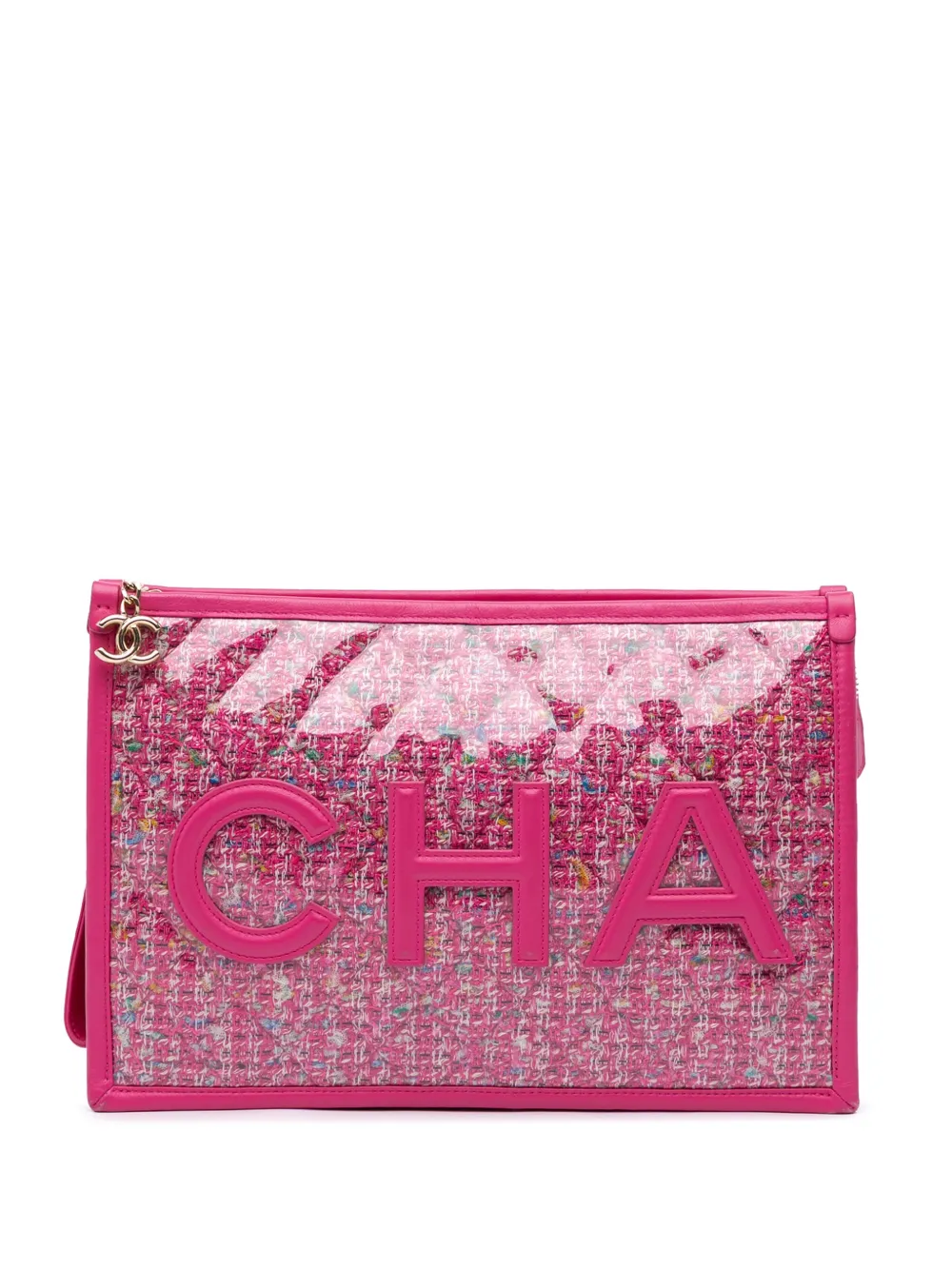 CHANEL Pre-Owned 2019 ツイード PVC ロゴ リストレット クラッチバッグ L - ピンク CHANEL Pre-Owned 2019 ツイード PVC ロゴ リストレット クラッチバッグ L - ピンク