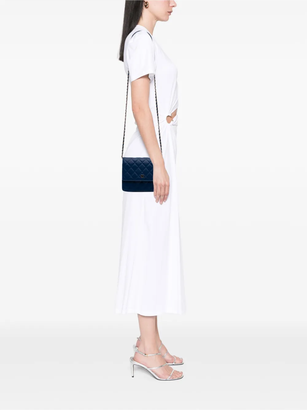 Pre-owned Chanel 2017-2018 Quilted Lambskin Square Wallet On Chain Crossbody Bag In Blue