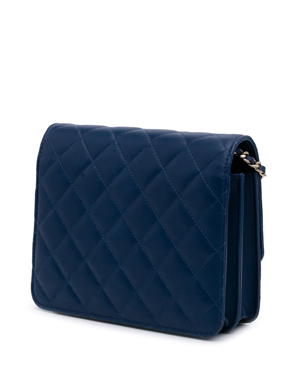 Pre-owned Chanel 2017-2018 Quilted Lambskin Square Wallet On Chain Crossbody Bag In Blue