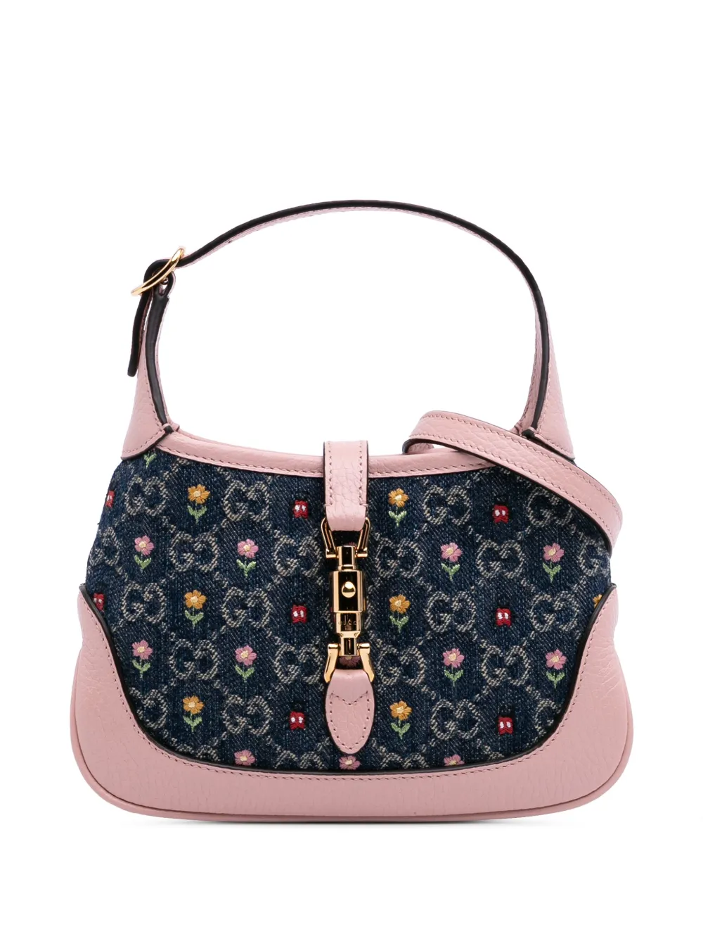 Pre-owned Gucci 2016-2025 Limited Edition Mini Gg Embroidered Denim Floral Jackie 1961 Crossbody Bag In Blue