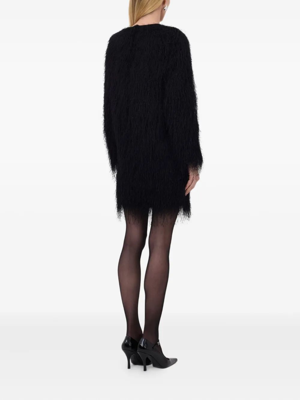 LouLou de Saison Tina mini-jurk met franje en lange mouwen Zwart