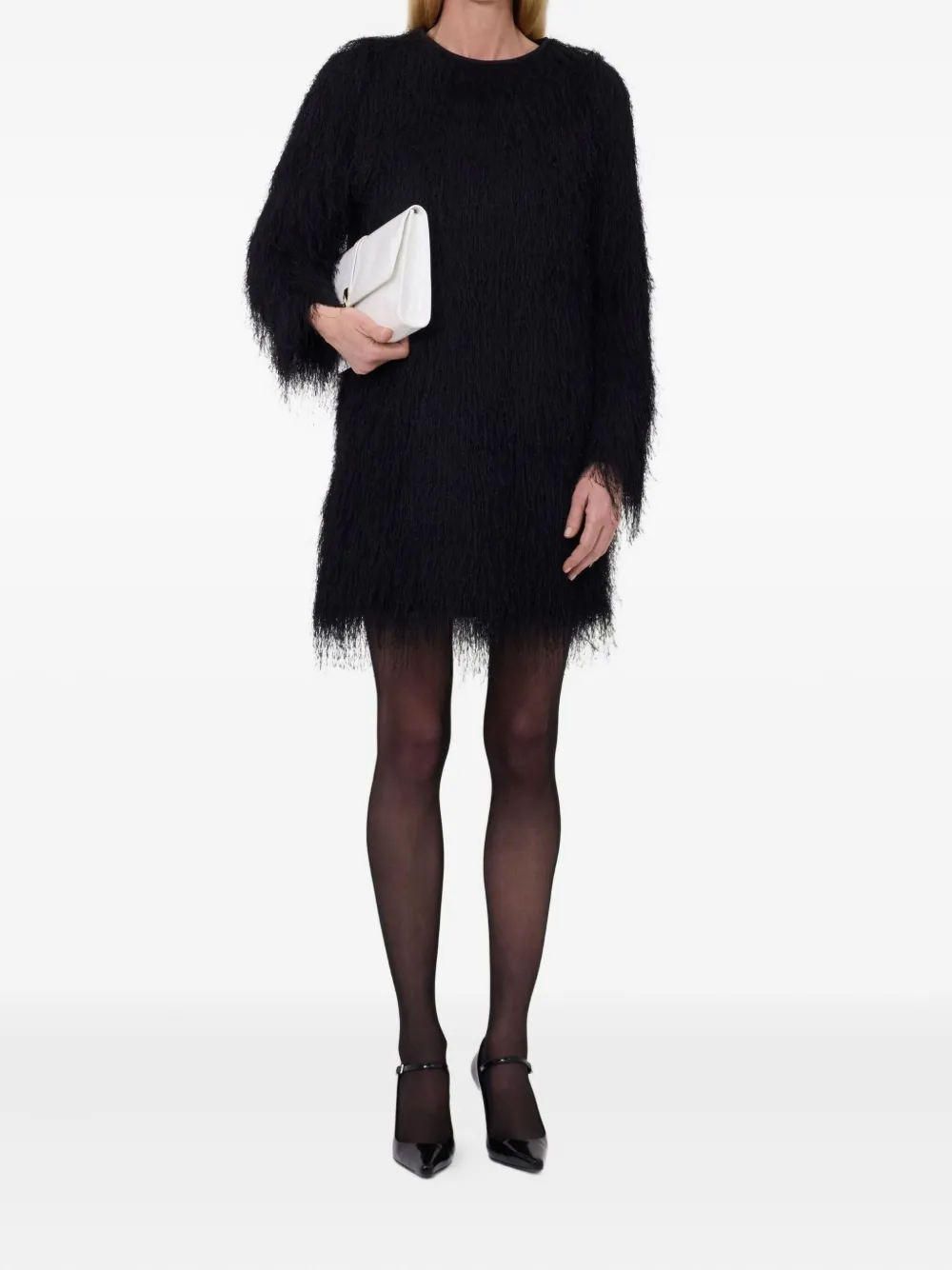 LouLou de Saison Tina mini-jurk met franje en lange mouwen - Zwart