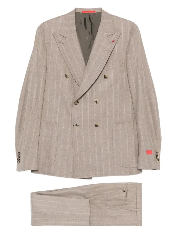 Isaia Completo Gessato Doppiopetto Marrone FARFETCH IT