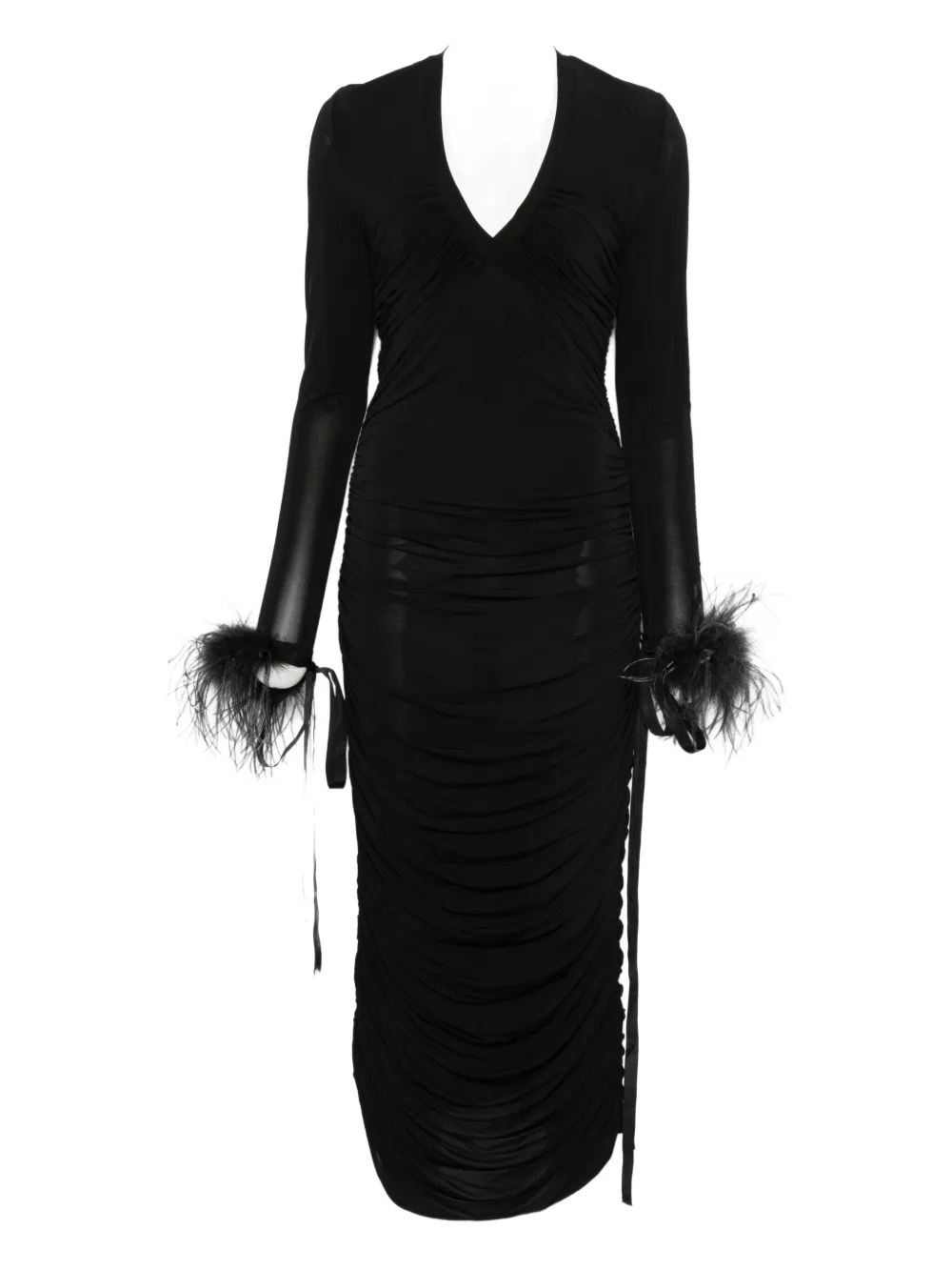 PINKO feather-trim midi dress - ブラック PINKO feather-trim midi dress - ブラック
