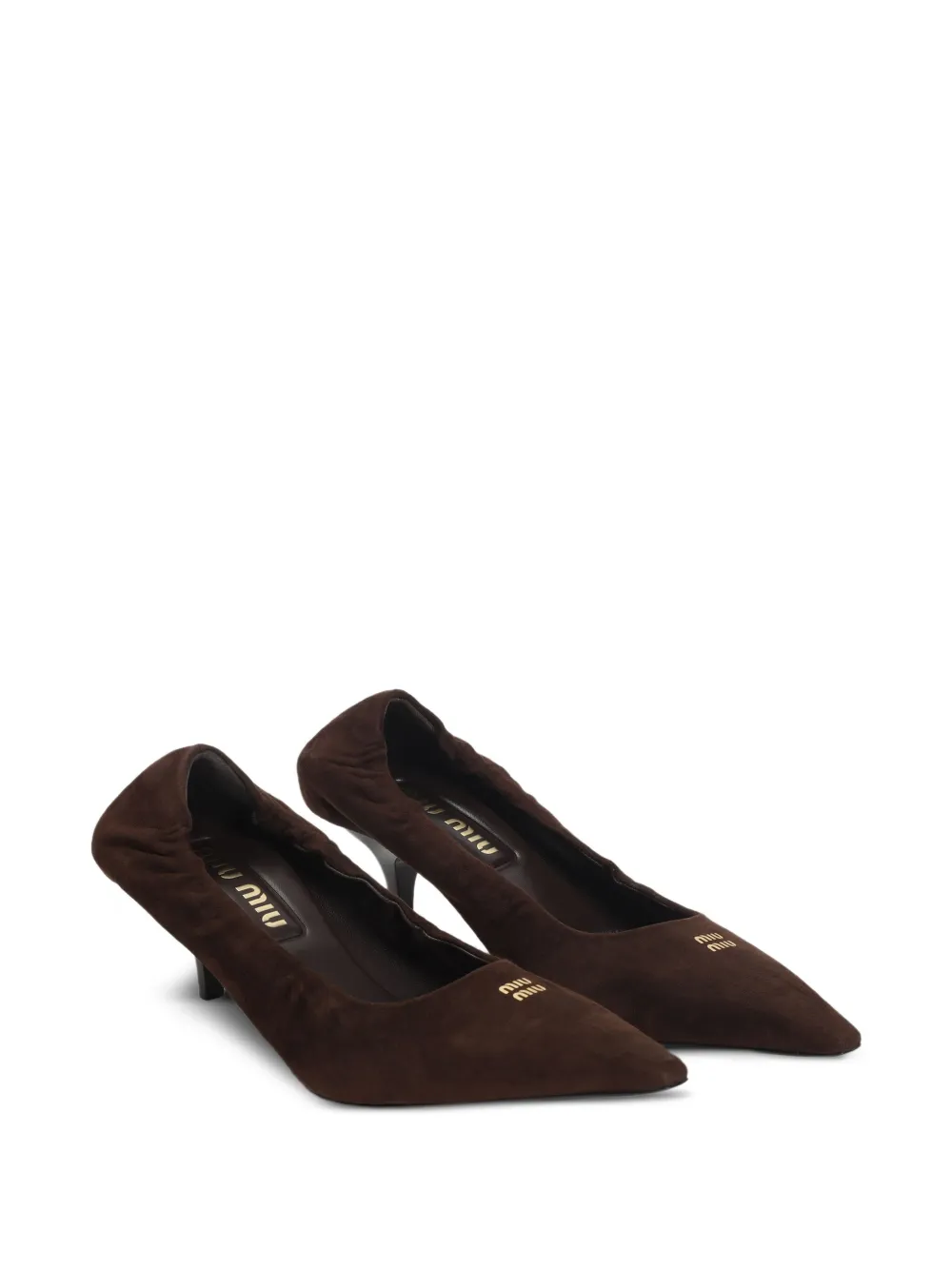 Miu 55 mm Ruches pumps met kitten hak en puntige neus Bruin