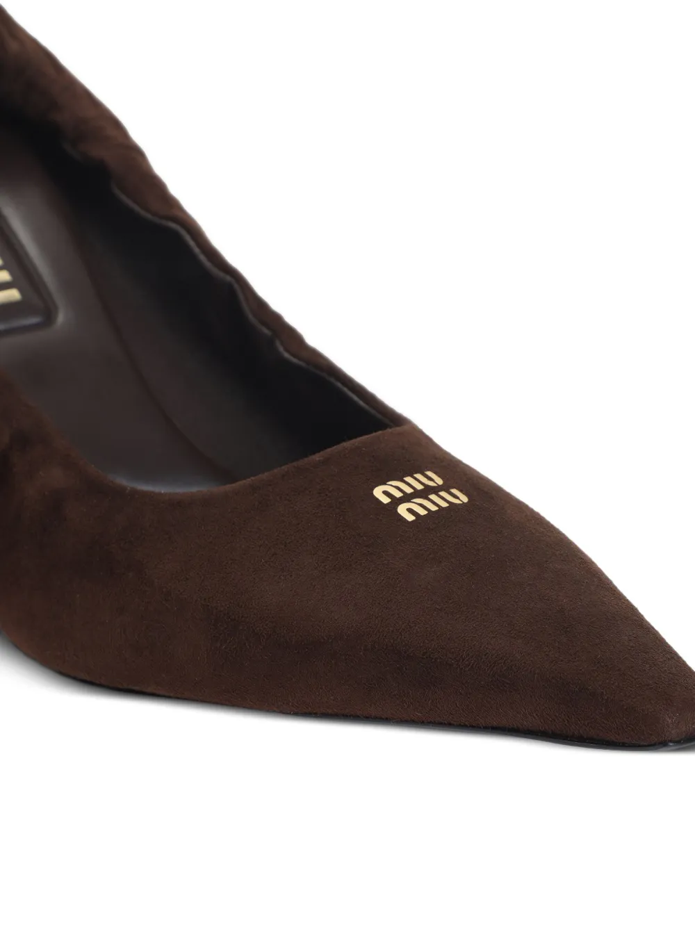 Miu 55 mm Ruches pumps met kitten hak en puntige neus Bruin