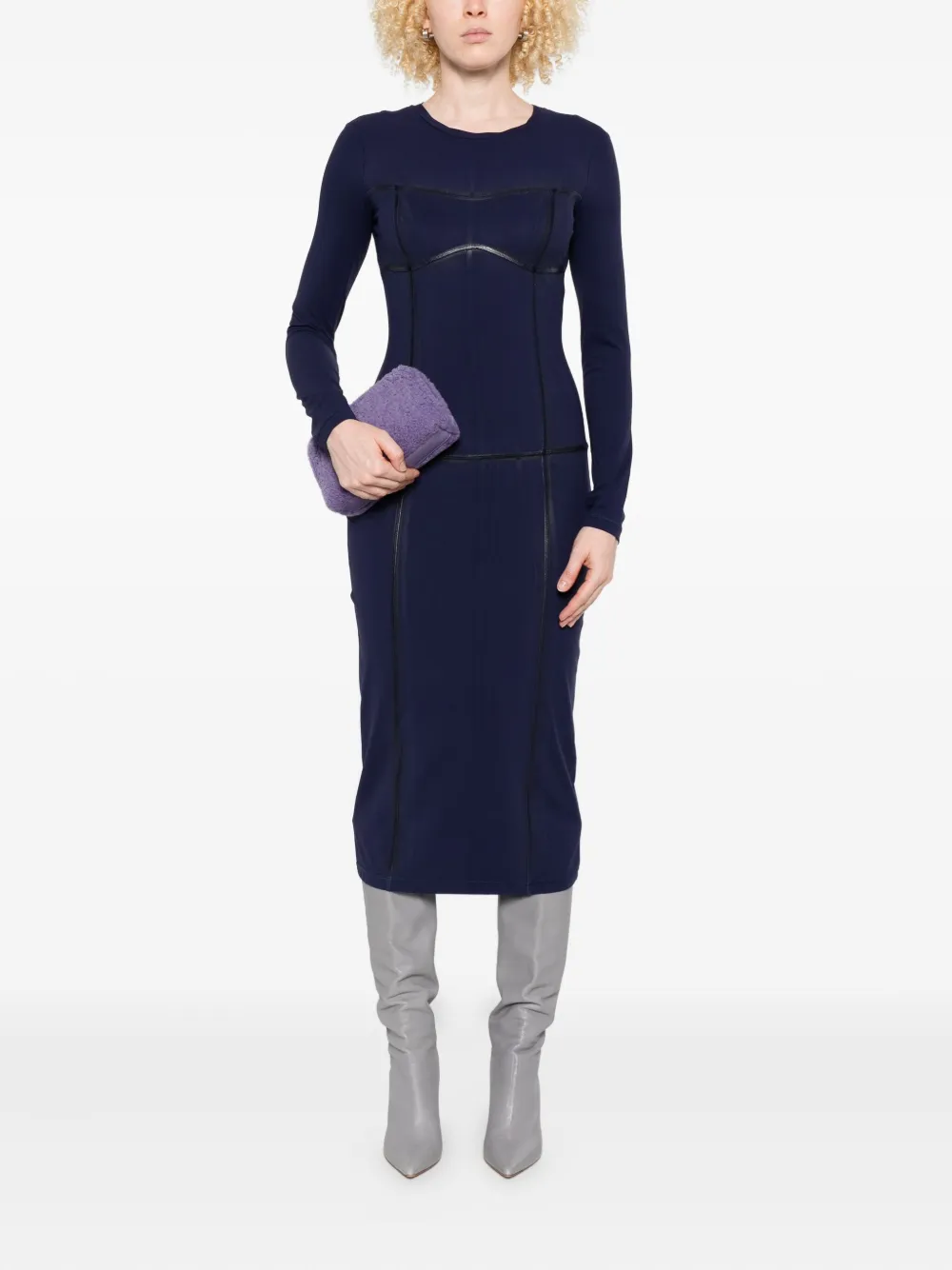 Patrizia Pepe long-sleeved leather-trimmed sheath dress - Blauw
