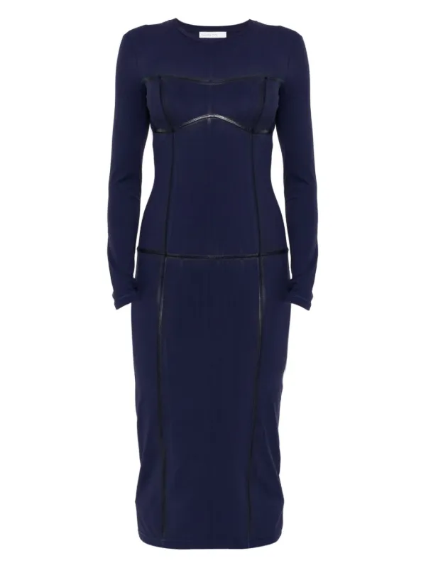 Patrizia Pepe long-sleeved leather-trimmed Sheath Dress | Blue | FARFETCH