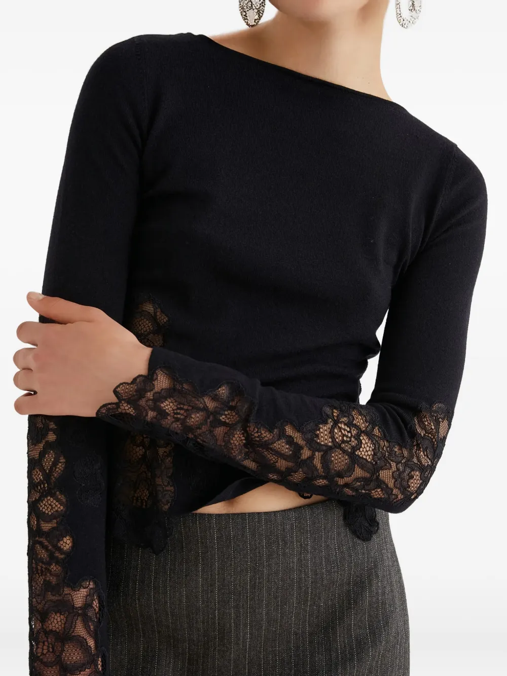 Marella Lace-insert Long-sleeve Sweater In Black