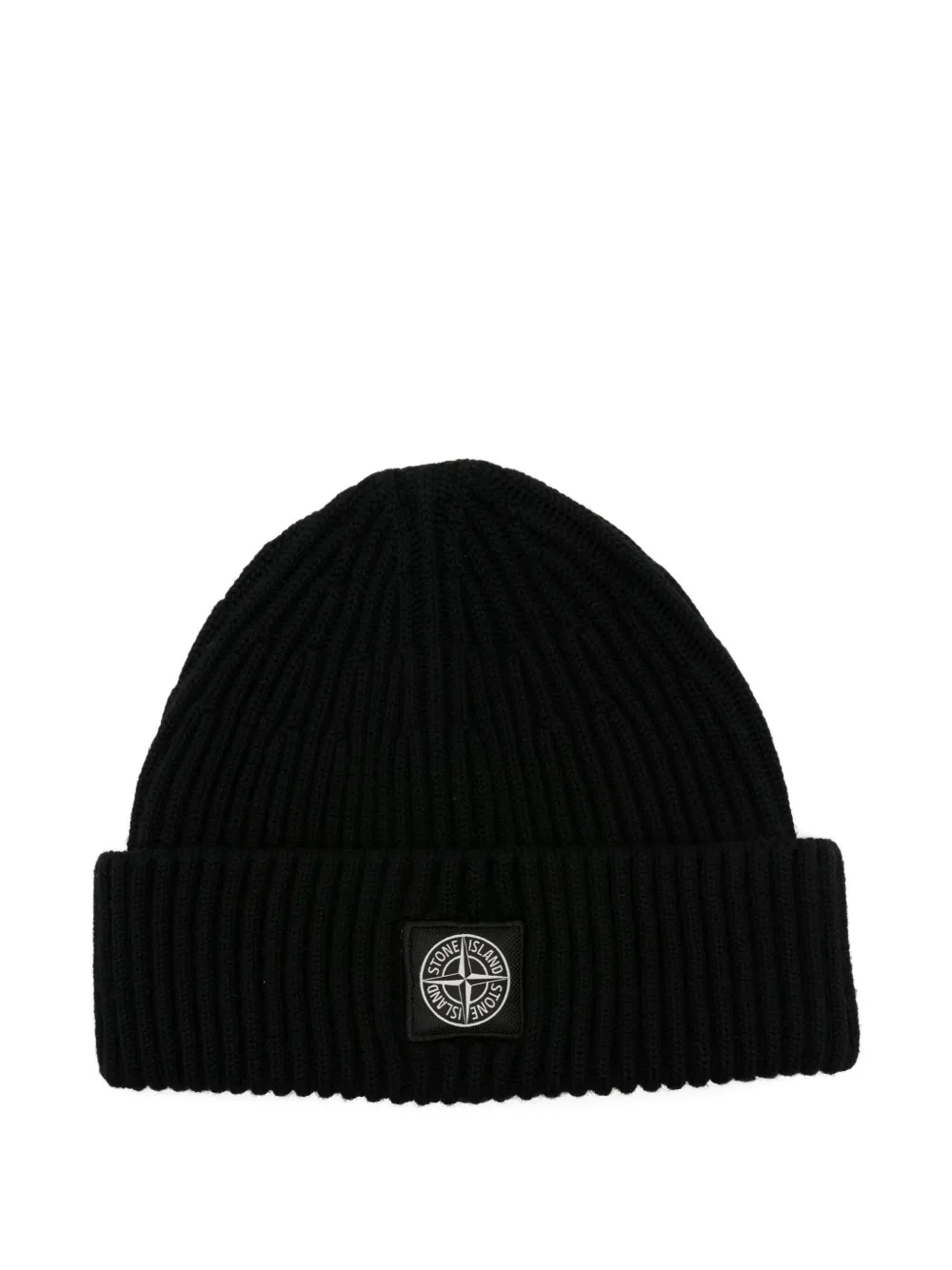 Stone Island Light Wool Knitted Beanie With Compass Patch In Black