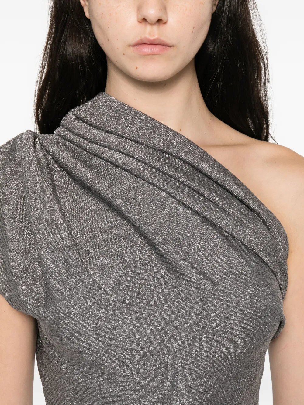 Khaite Aimee One-shoulder Metallic-knit Top In Gray