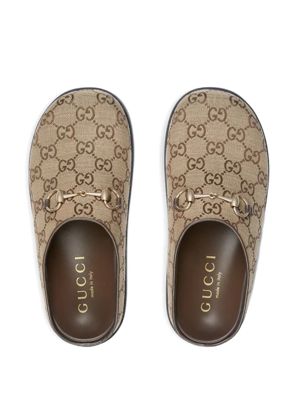 Gucci Gg Monogram Horsebit Flat Mules In Brown