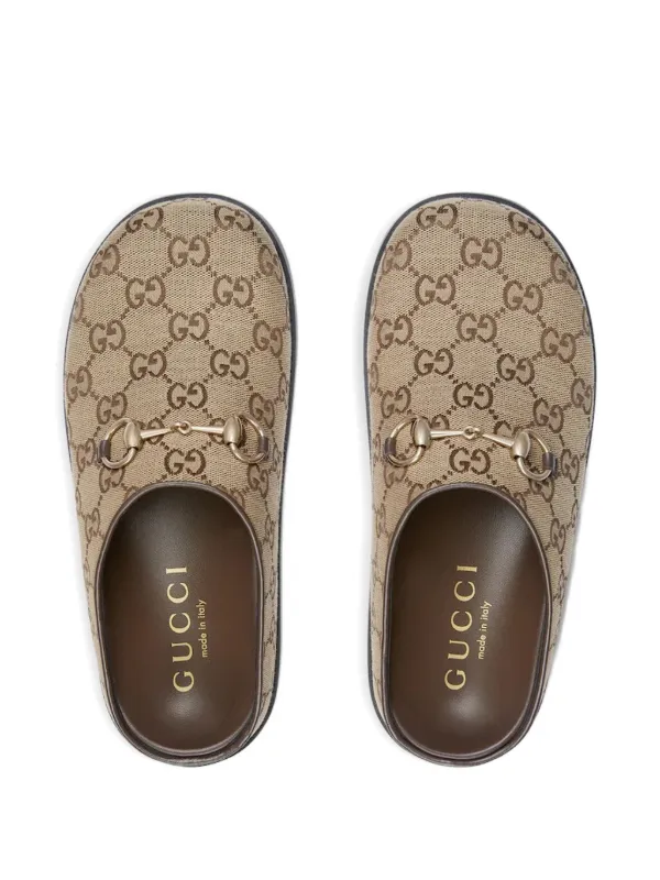 Gucci GG Monogram Horsebit Flat Mules | Brown | FARFETCH