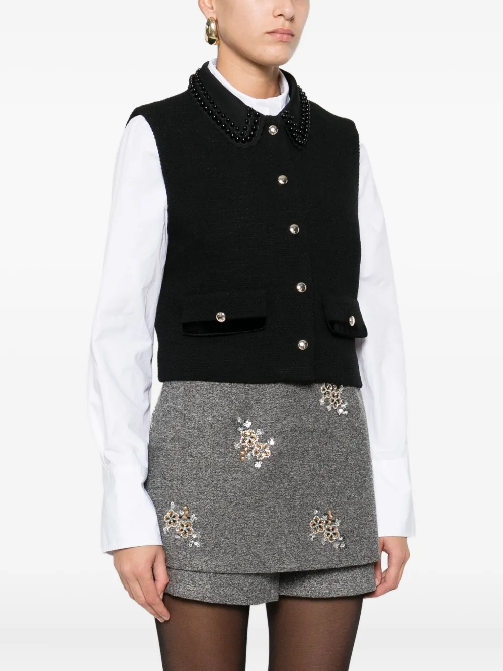 Maje Womens Black Velvet-trim Pearl-embellished Stretch-tweed Top