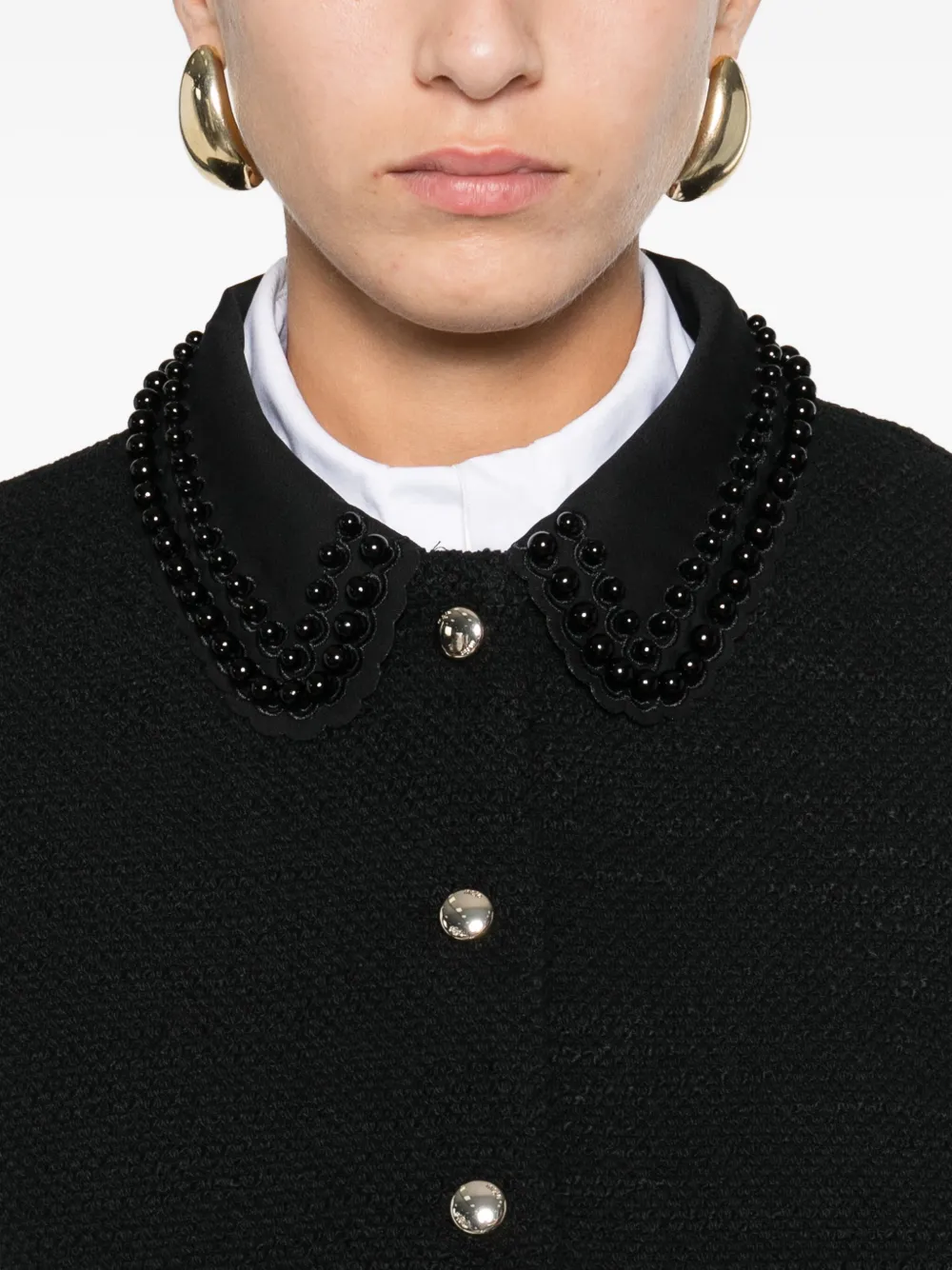 Maje Womens Black Velvet-trim Pearl-embellished Stretch-tweed Top