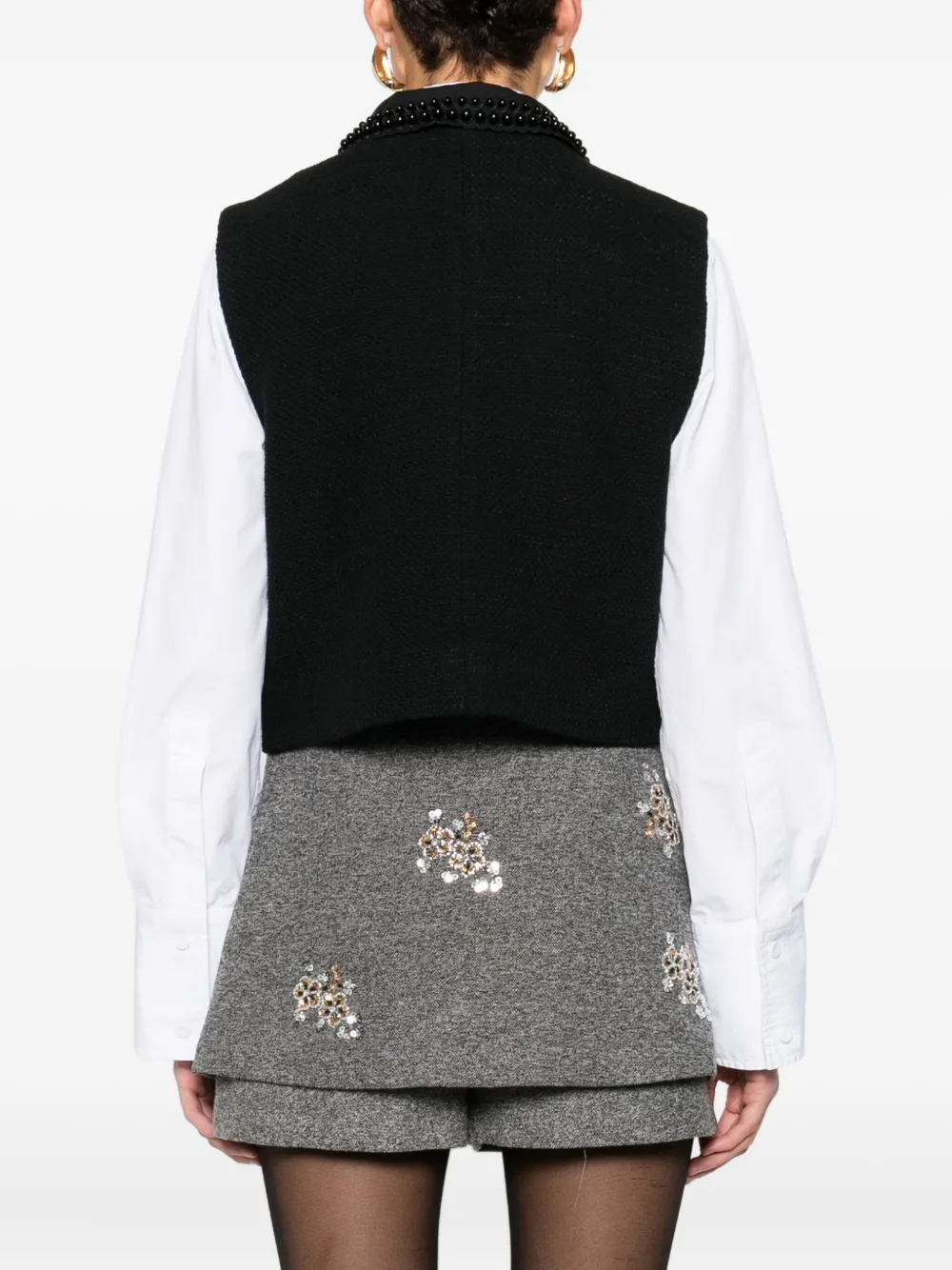 Maje Womens Black Velvet-trim Pearl-embellished Stretch-tweed Top