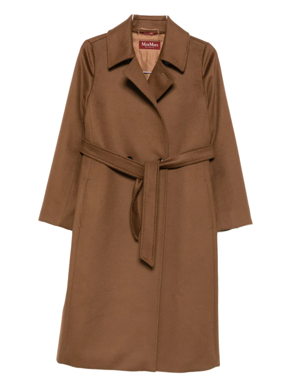 Max Mara Collar Coat With Belted Waist And Pockets In Brown