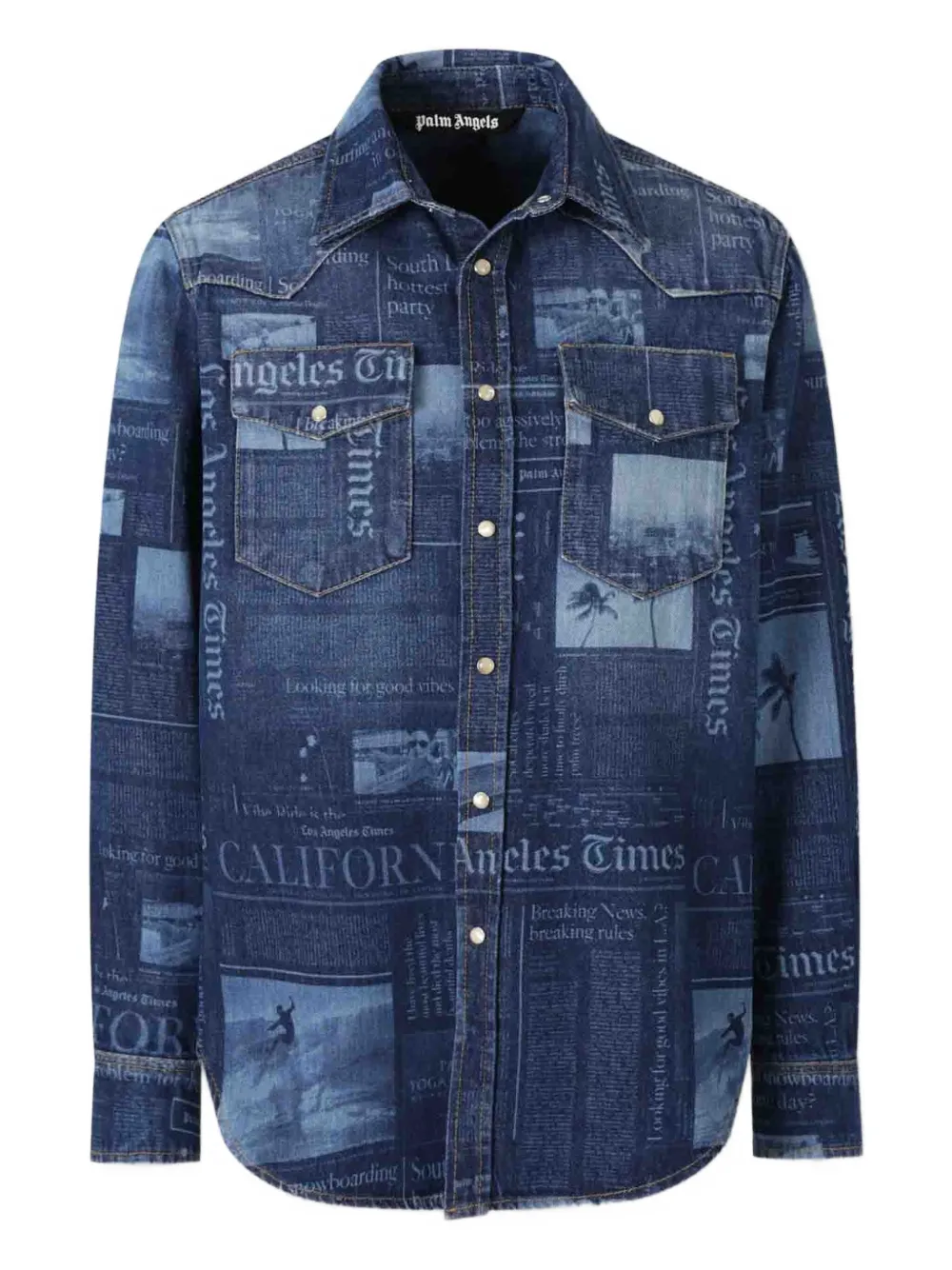 Palm Angels newspaper-print denim shirt Blauw