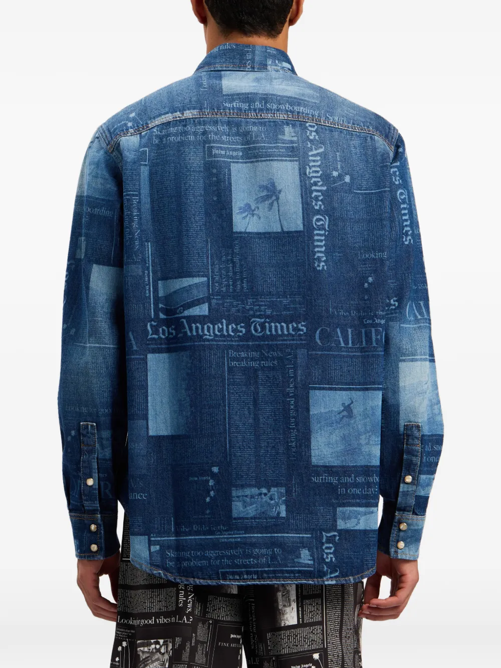 Palm Angels Denim overhemd met krantenprint Blauw