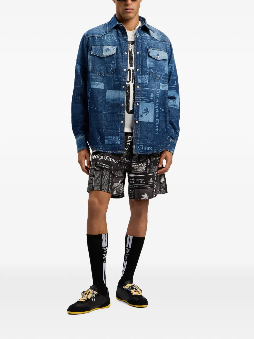 Palm Angels Denim overhemd met krantenprint Blauw
