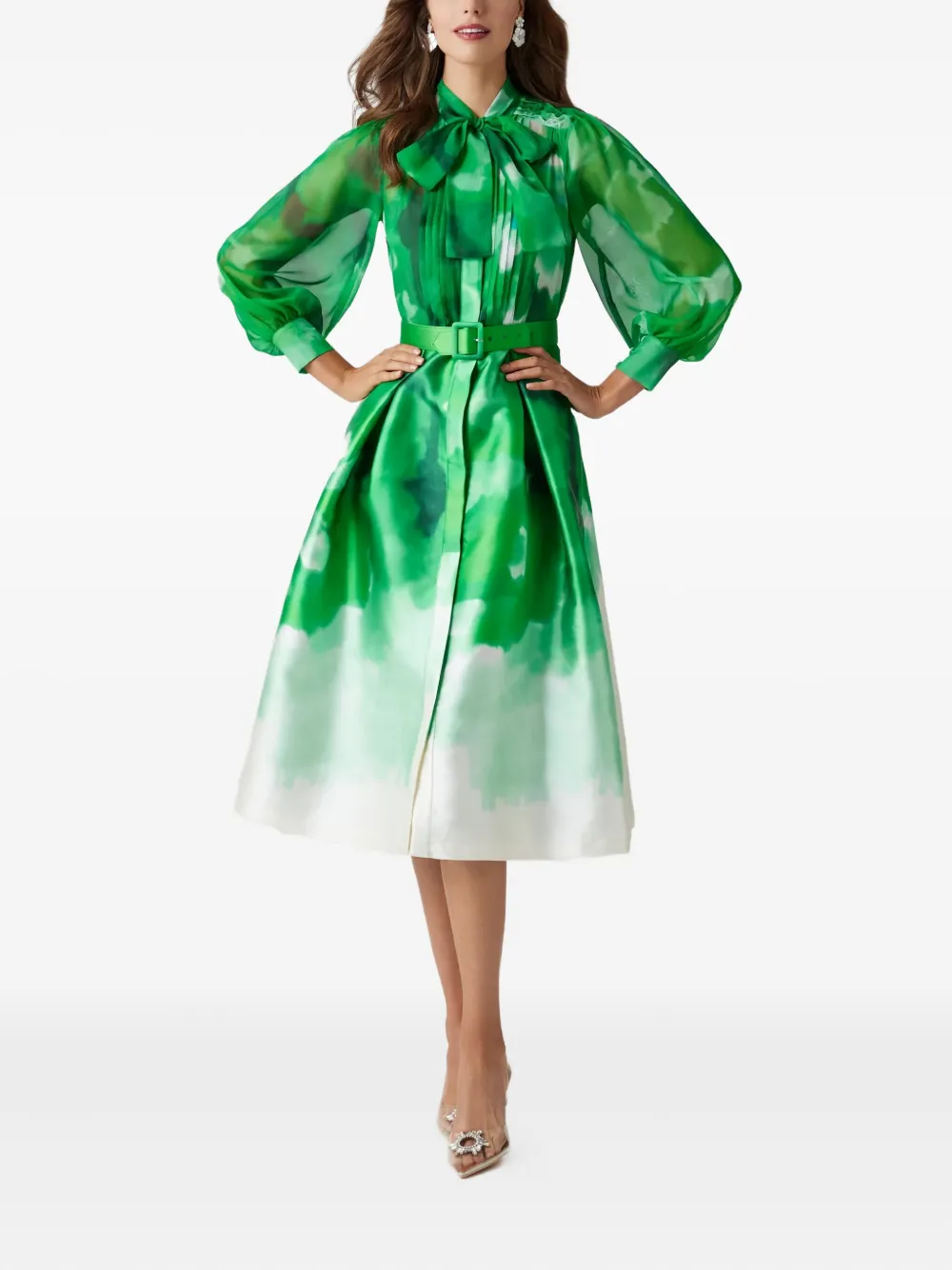 Teri Jon belted abstract-print dress - Groen