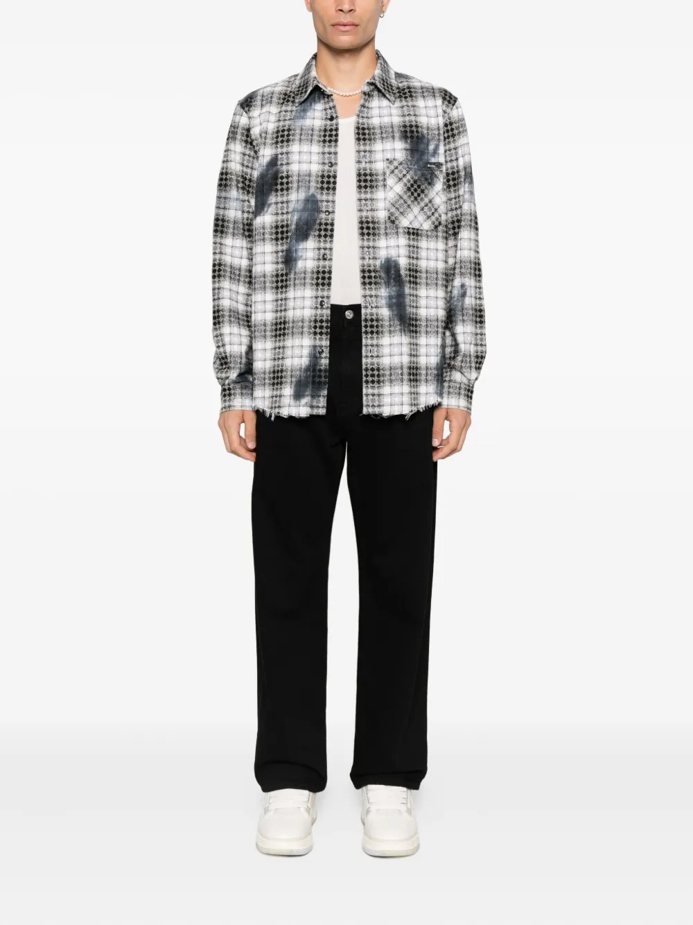 Amiri Ma Quad Bleach Splatter Flannel Button-up Shirt In Gray