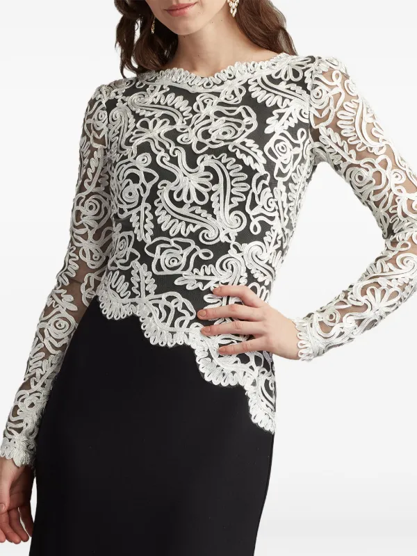 chinese dress ladies Tadashi Shoji Rhinestone Floral Off The Shoulder Mixed Media Gown Ivory/Black
