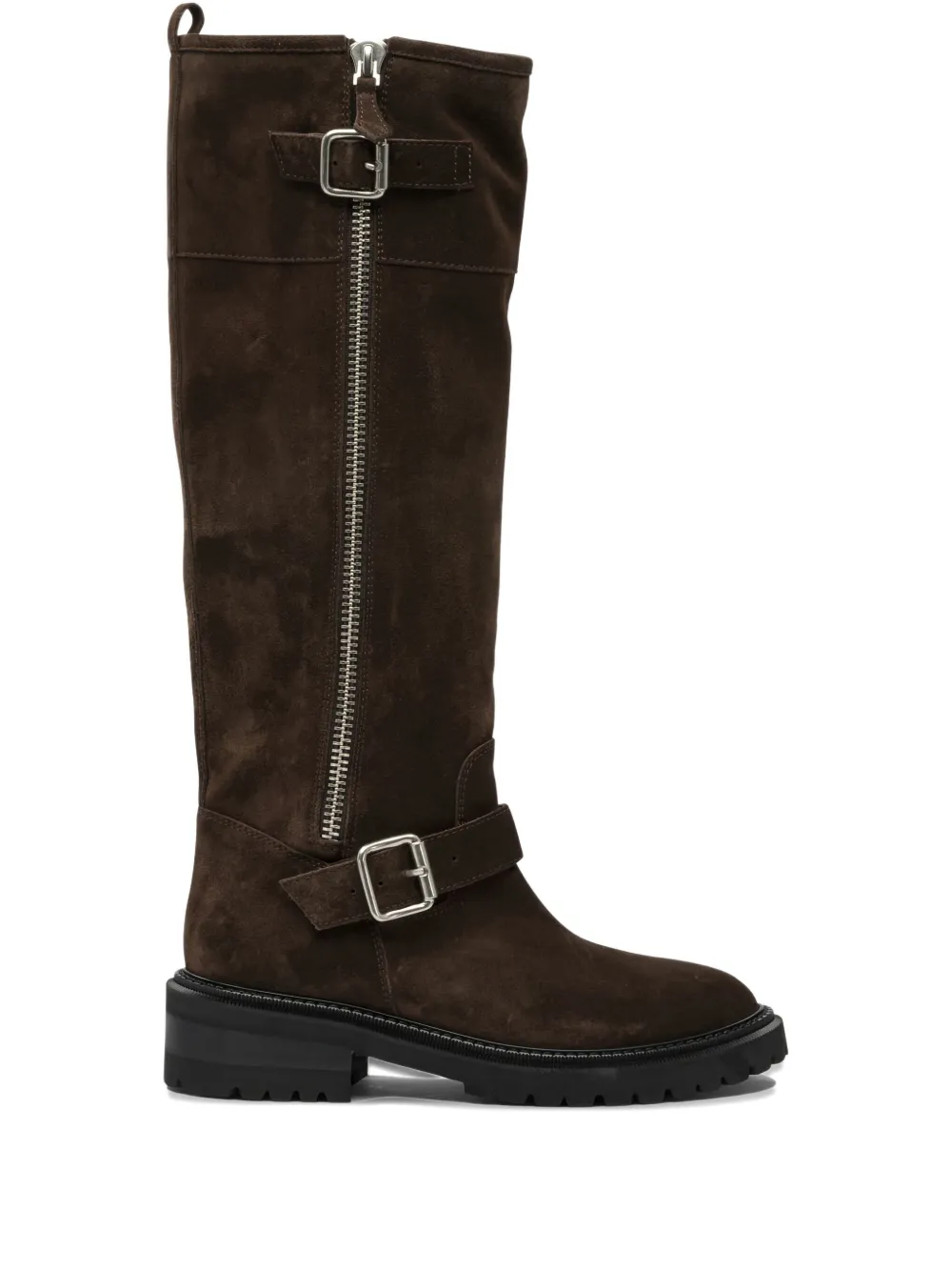 zip-buckle suede boots