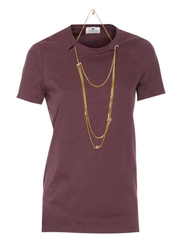 【Elisabetta Franchi】プリントとチェーンが付いたTシャツ Elisabetta Franchi チェーンディテール Tシャツ | レッド