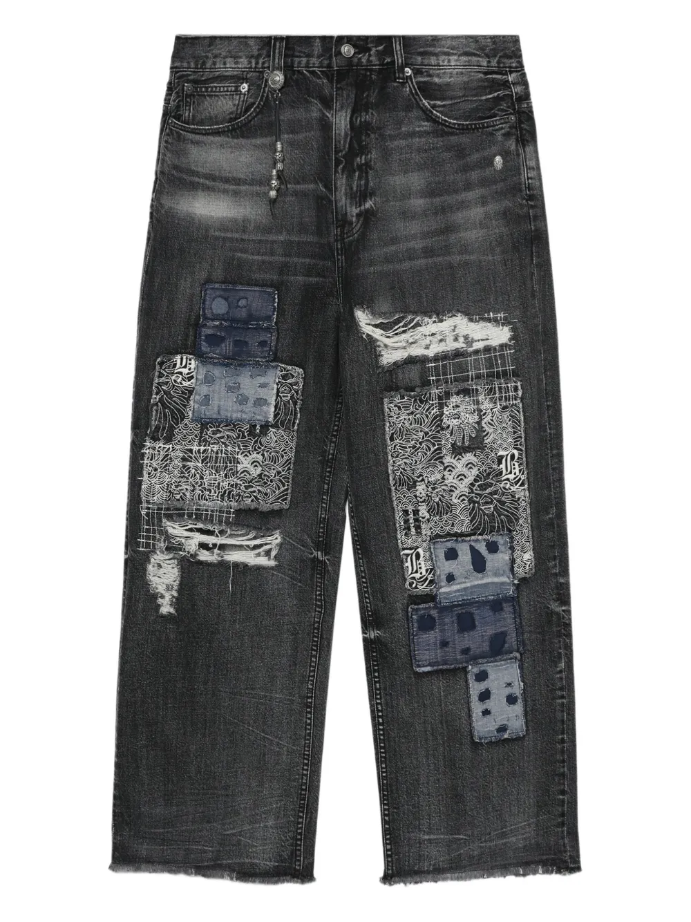 Bape Patchwork Frayed Loose-fit Jeans In Black