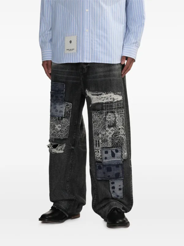 A BATHING APE® Patchwork Frayed loose-fit Jeans | Black | FARFETCH ZA