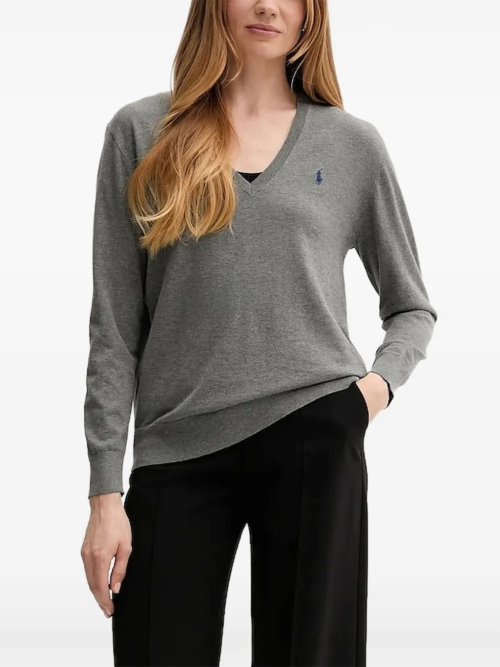 Polo Ralph Lauren V-neck Embroidered-logo Sweater In Gray