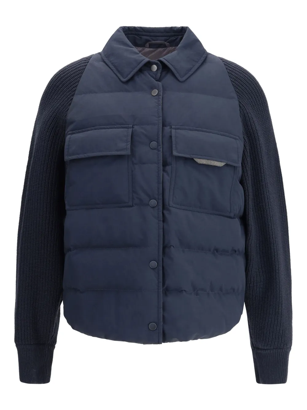 Brunello Cucinelli Gewatteerd jack met gebreide mouwen Blauw