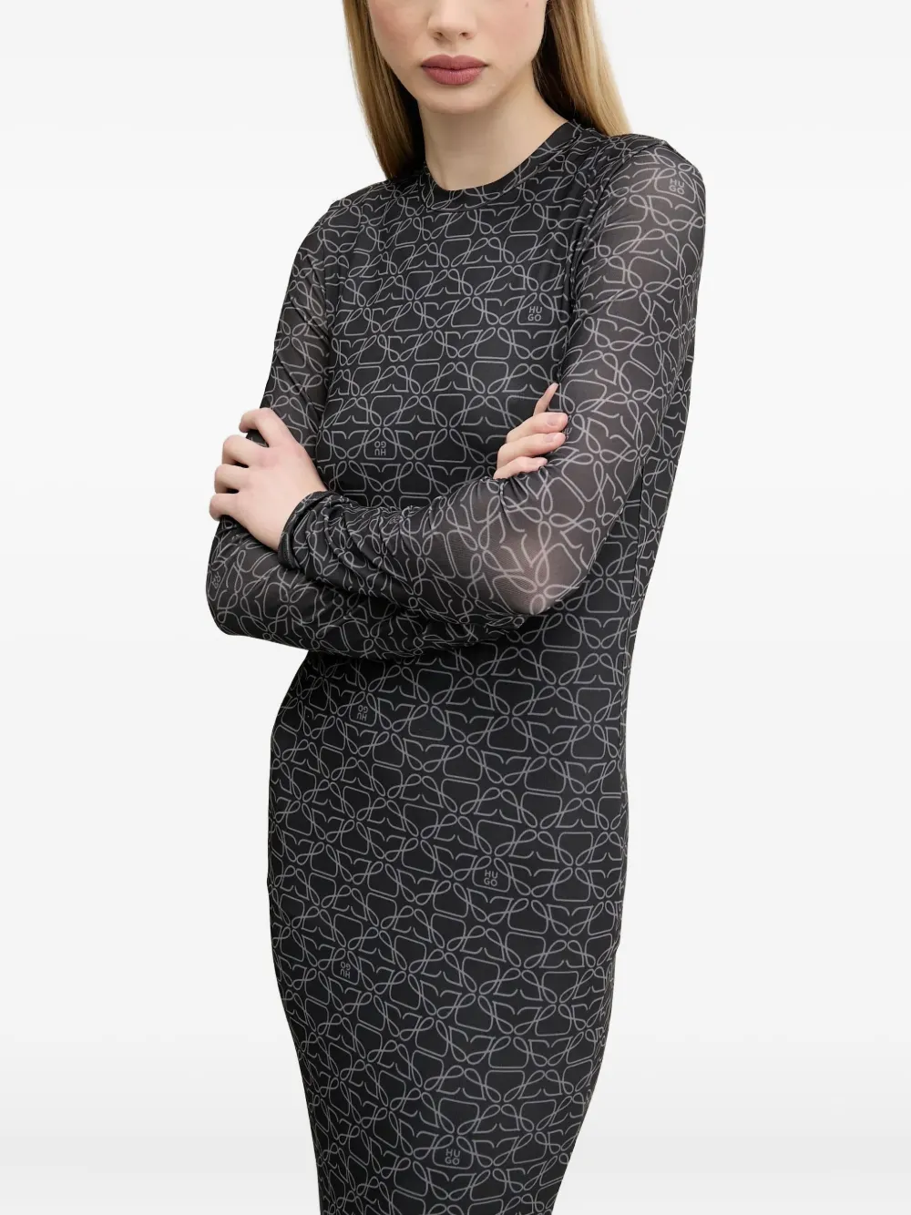 HUGO Maxi-jurk met print en lange mouwen Grijs