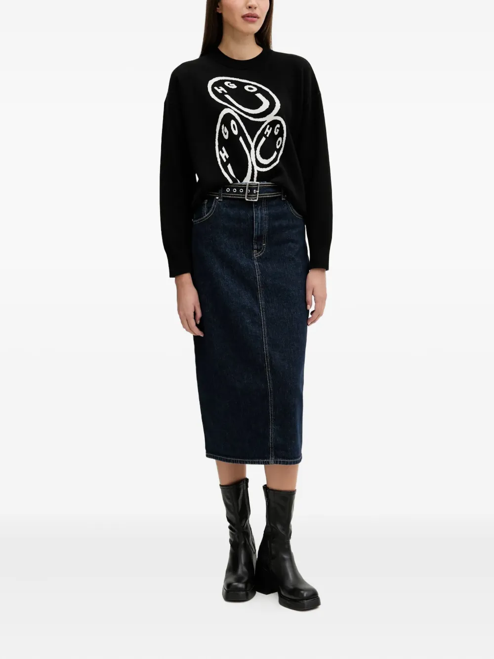 HUGO belted denim midi skirt - Blauw